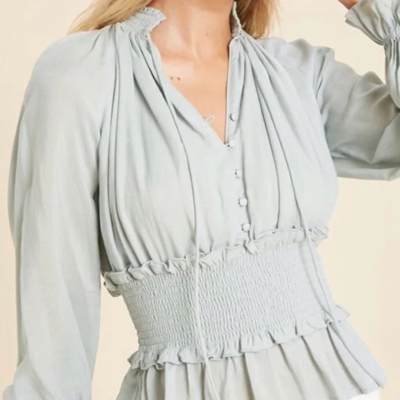 Y2K Smocked High Collar Long Sleeve Blouse - Picture 4 of 10